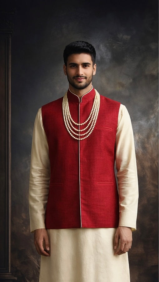 Plus Size Raw Silk Crimson Vest Groom Set