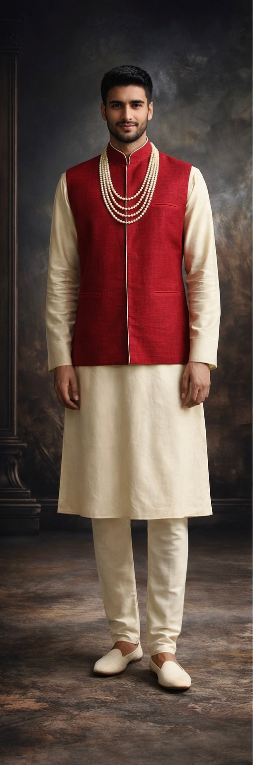 Plus Size Raw Silk Crimson Vest Groom Set