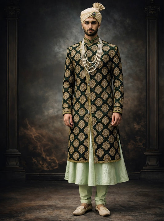 Bottle Green Velvet Embroidered Sherwani