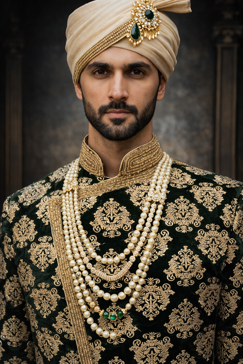 Bottle Green Velvet Embroidered Sherwani