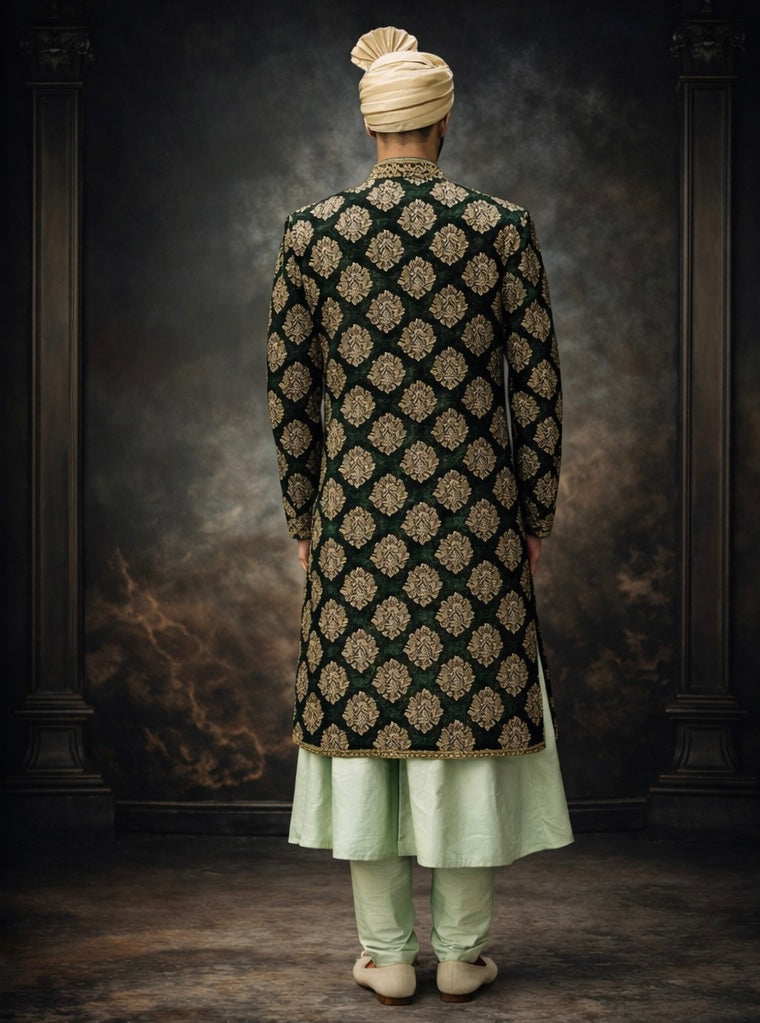 Bottle Green Velvet Embroidered Sherwani