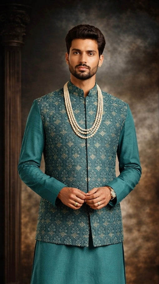 Teal Embroidered Groom Vest Set